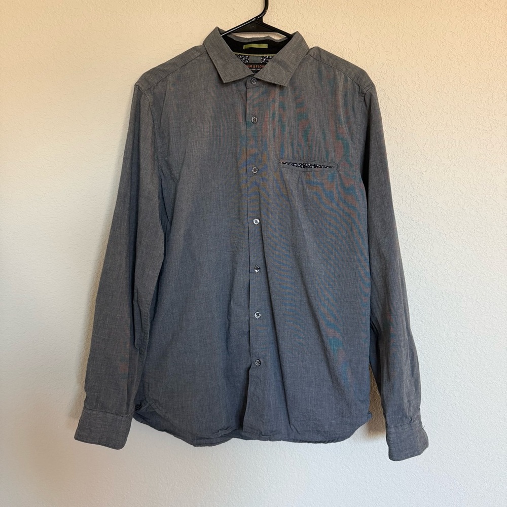 Denim & Flower Mens Grey Floral Long Sleeve Button Down Dress‎ Shirt Career Work